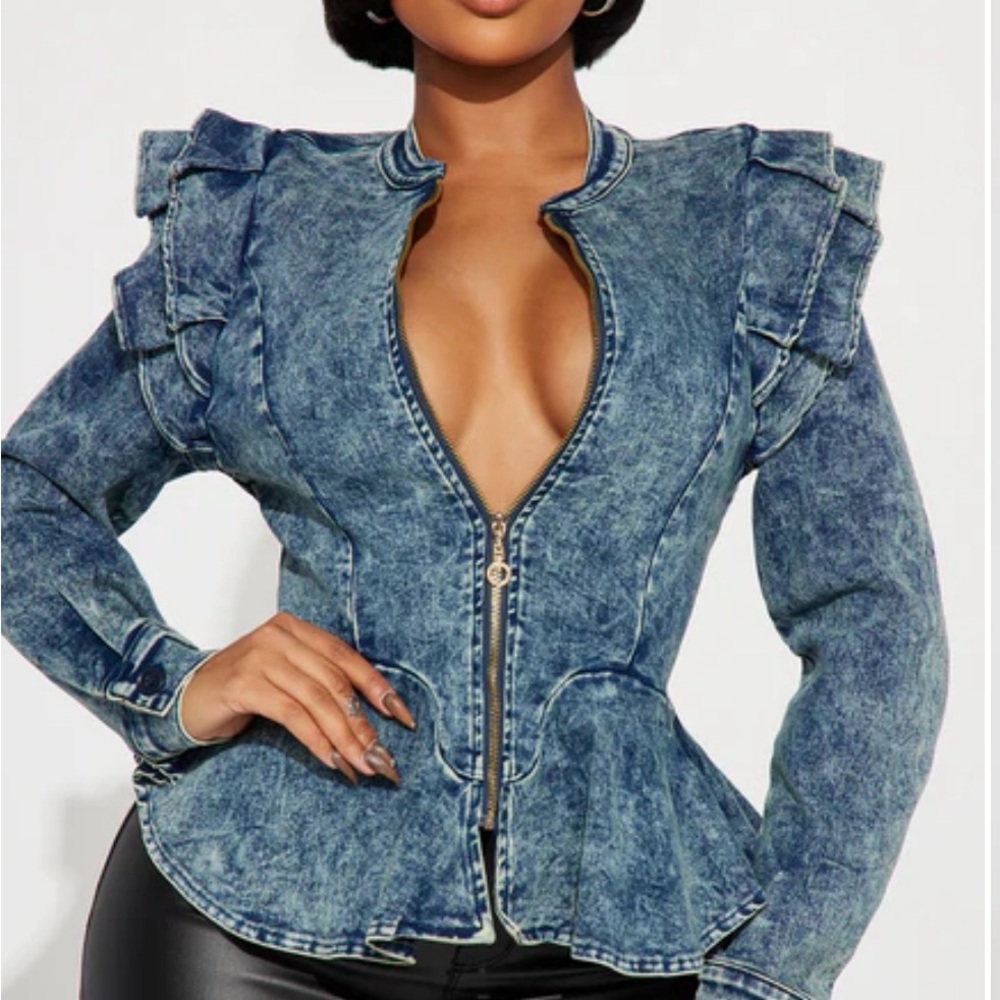 Washed Indigo Ruffled Denim Jacket